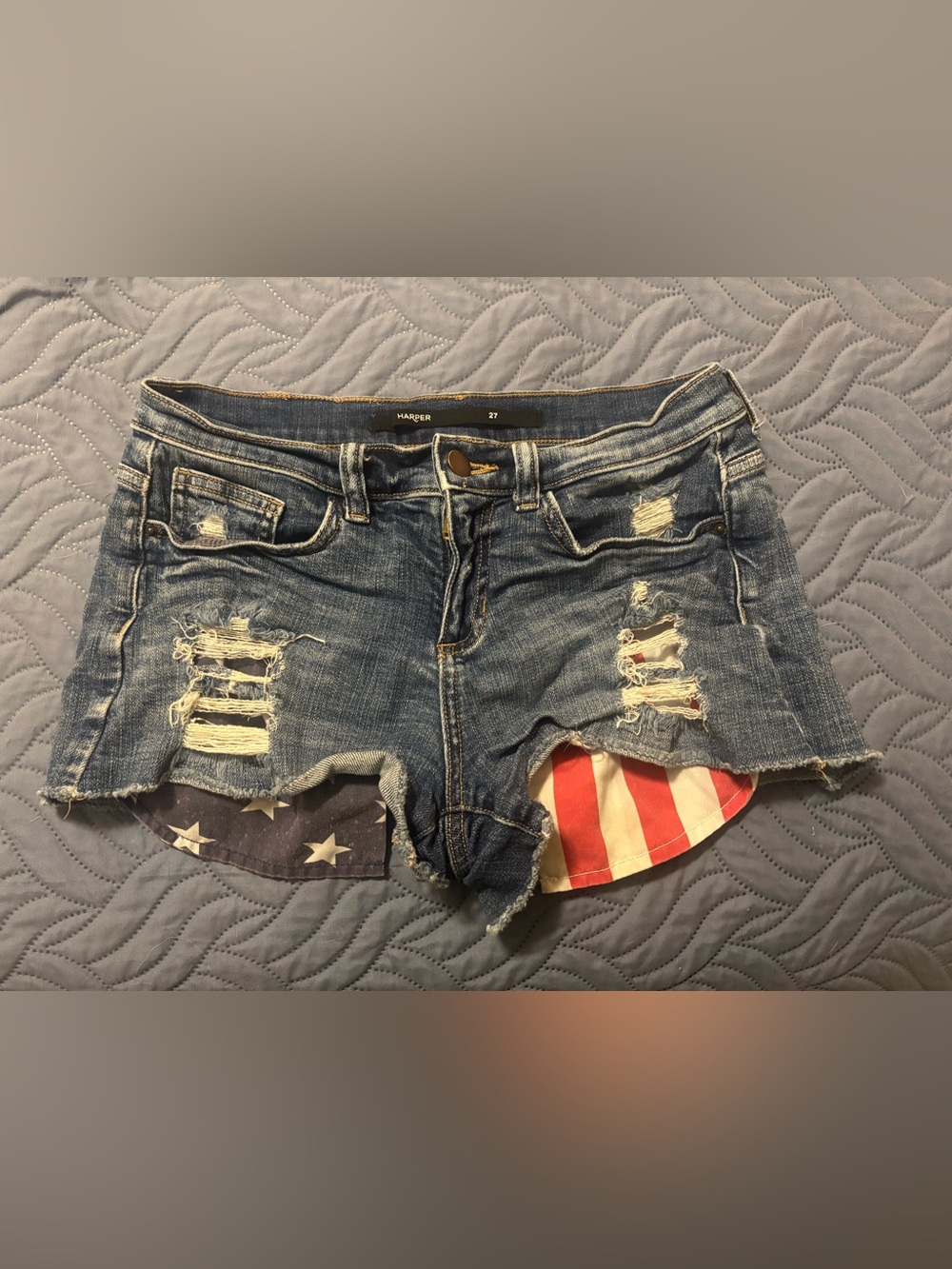 Harper Blue Distressed Denim Shorts with Flag Lining